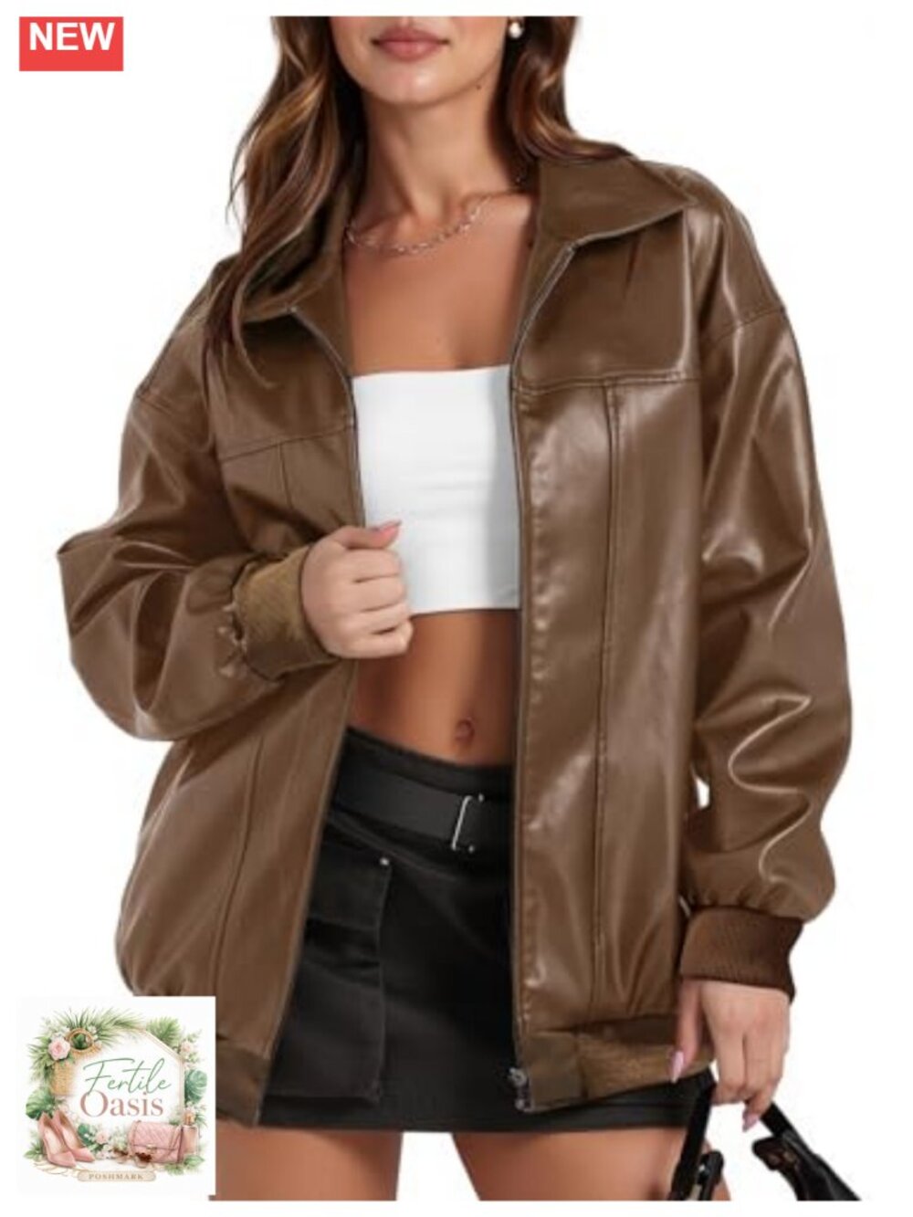 Oversized Faux Leather Bomber Jacket for Women Trendy Moto Coat